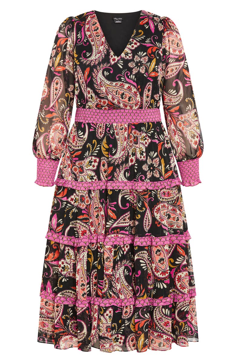 City Chic Gwendolyn Paisley Long Sleeve Tiered Midi Dress, Main, color, Paisley