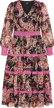 City Chic Gwendolyn Paisley Long Sleeve Tiered Midi Dress