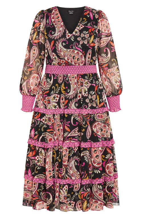 City Chic Gwendolyn Paisley Long Sleeve Tiered Midi Dress In Multi