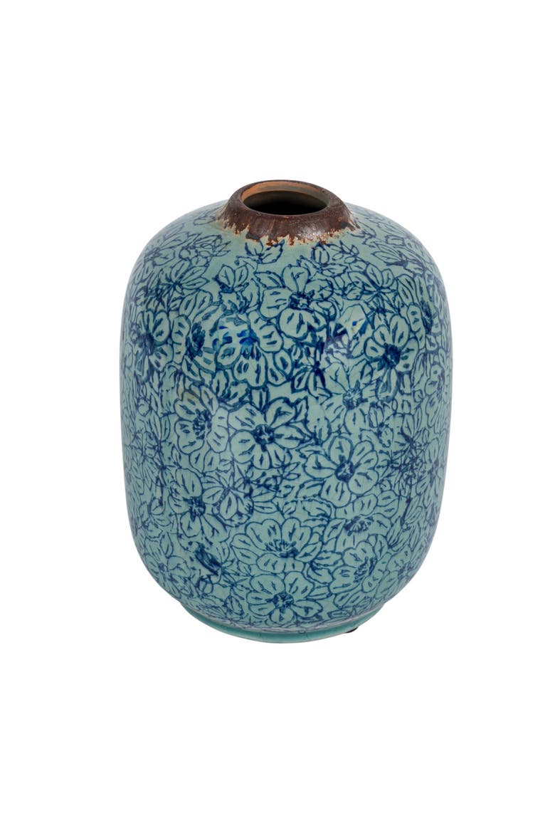 Decorative Round Terra-cotta Vase with Floral Pattern with Distressed Finish, Blue, Main, color, Blue