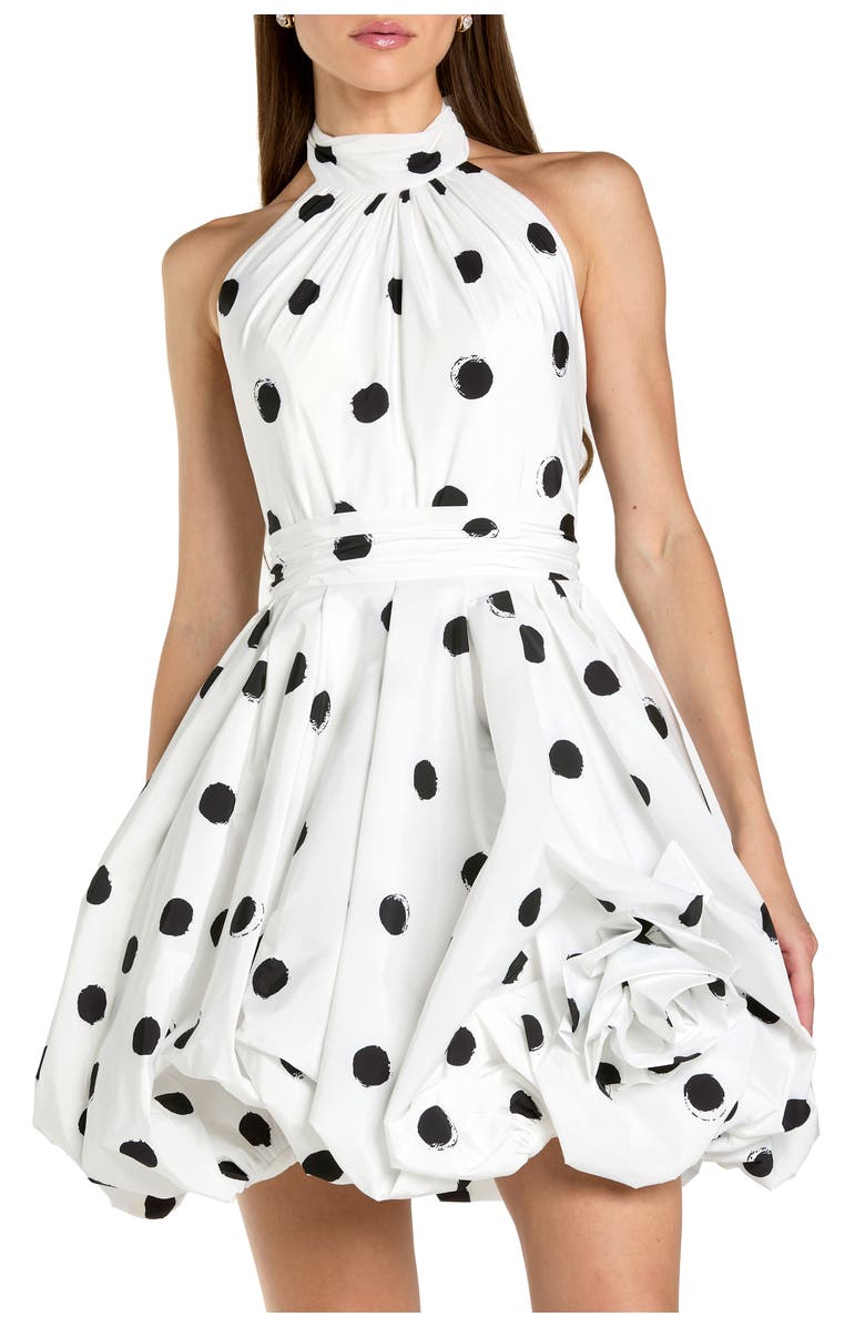 Mac Duggal Satin Halter Neck Sleeveless Bubble Hem Mini Dress, Alternate, color, Black Ivory