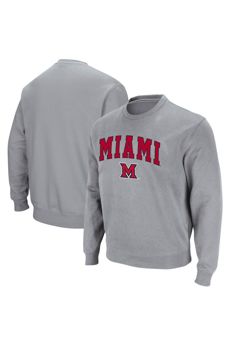 Men's Colosseum Heathered Gray Miami University RedHawks Arch & Logo Tackle Twill Pullover Sweatshirt, Main, color, Heather Gray