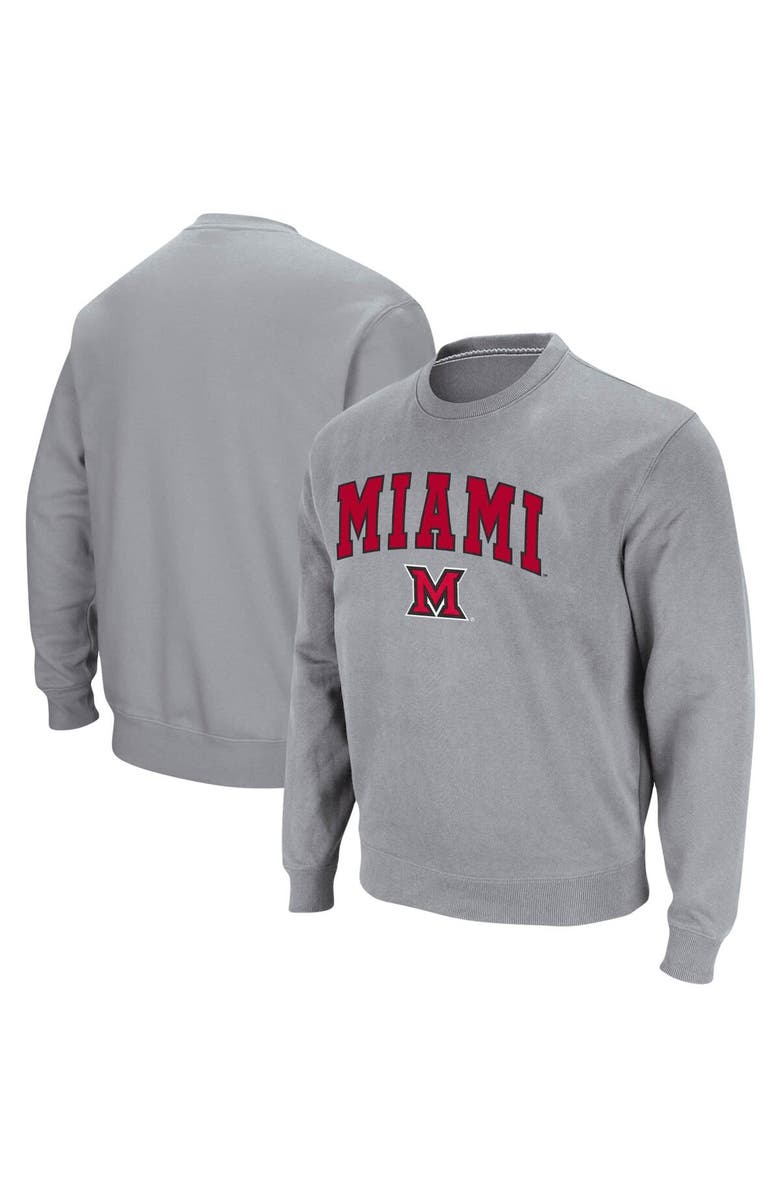 COLOSSEUM Men's Colosseum Heathered Gray Miami University RedHawks Arch & Logo Tackle Twill Pullover Sweatshirt, Main, color, Heather Gray