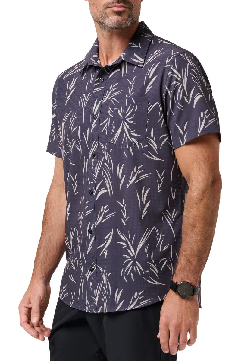 TravisMathew In the Clubhouse Performance Short Sleeve Button Up Shirt, Alternate, color, Ebony