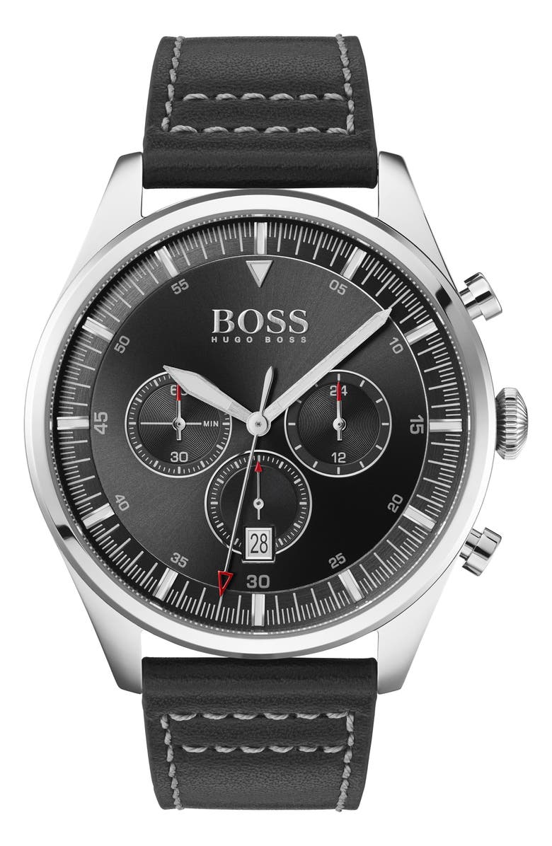 BOSS Pioneer Chronograph Leather Strap Watch, 44mm, Main, color, 