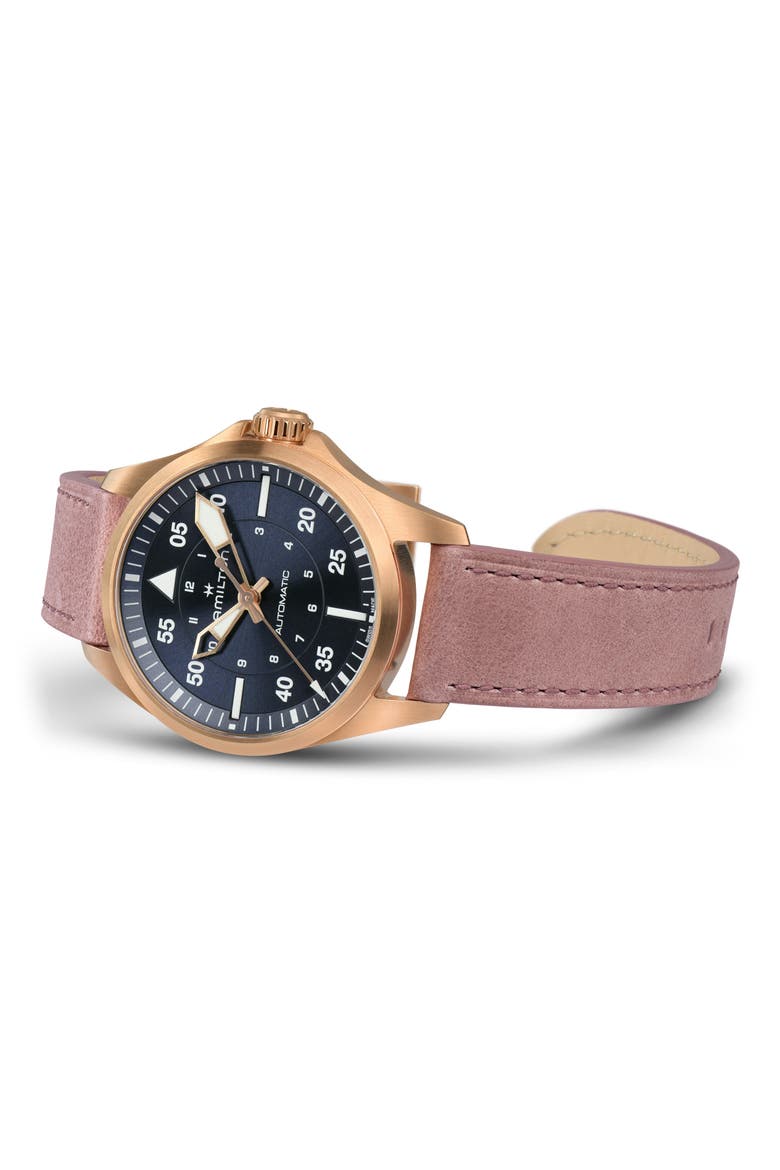 Khaki Aviation Pilot Automatic Leather Strap Watch, 36mm, Alternate, color, PINK CALF LEATHER
