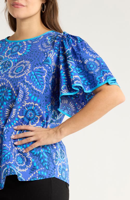 Sugarlips Kenner Print Flutter Sleeve Top In Blue