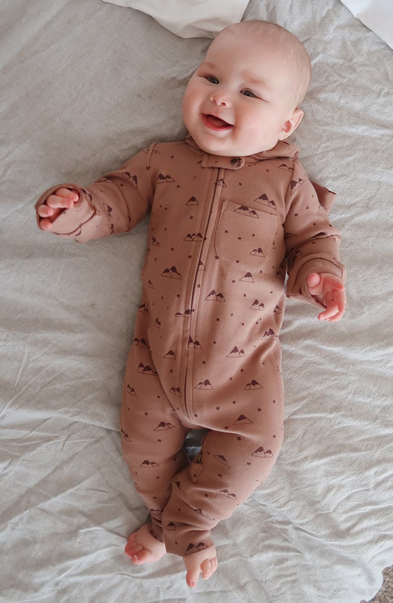 L'ovedbaby Print Organic Cotton Hooded Romper, Alternate, color, Latte Mountain