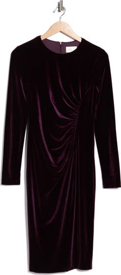 Long Sleeve Ruched Velvet Midi Dress