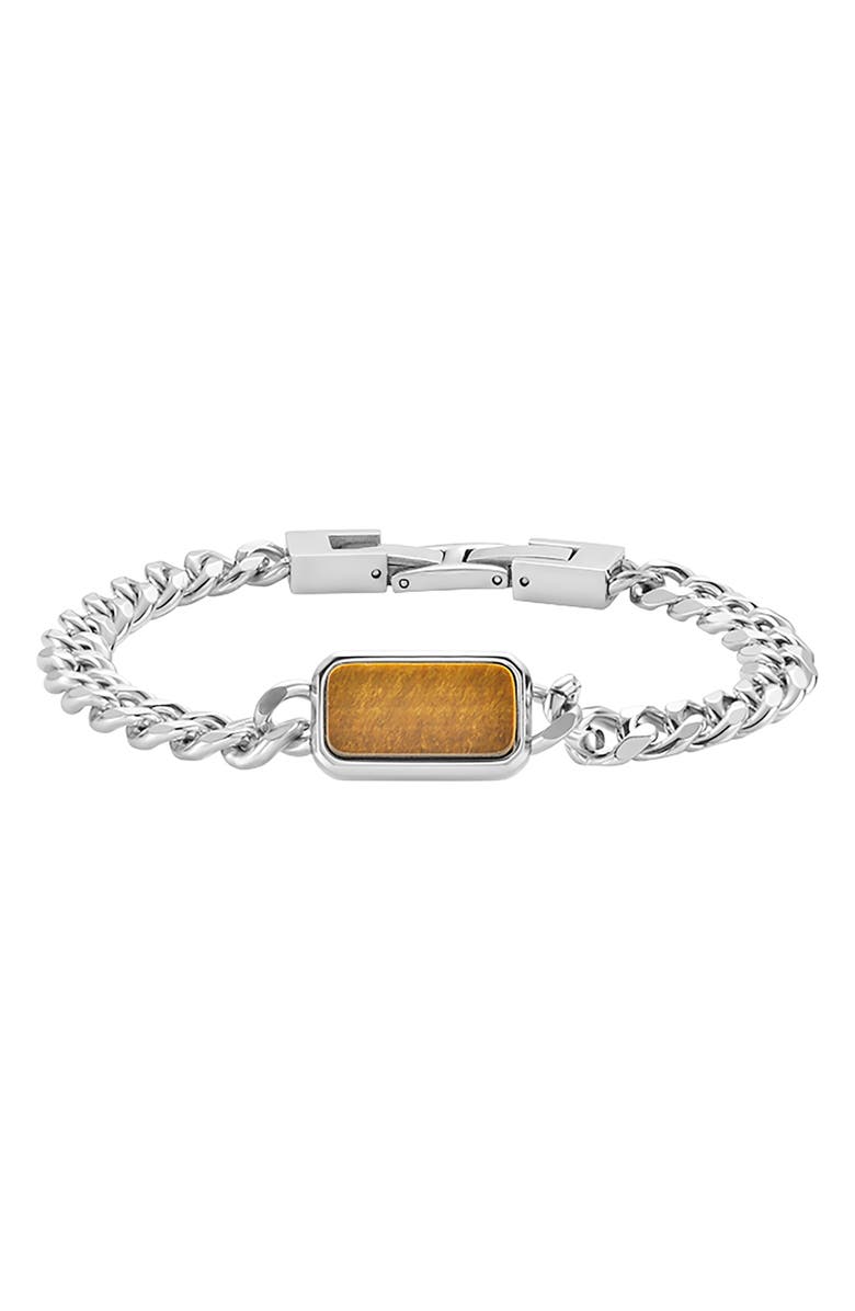 GEOFFREY BEENE Men's Stainless Steel Semiprecious Stone Curb Chain Bracelet, Main, color, Brown