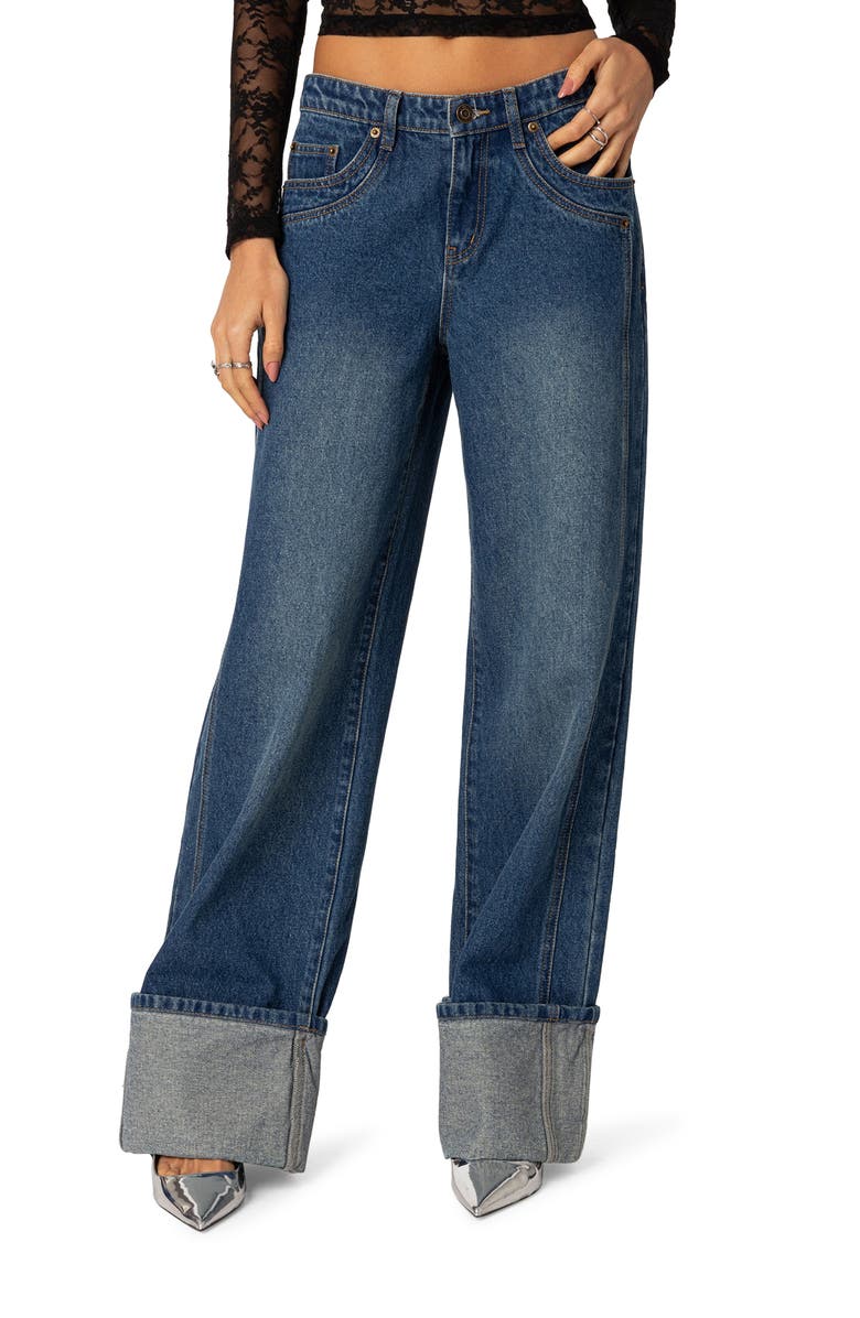 EDIKTED Vesper Cuffed Wide Leg Jeans, Main, color, Blue
