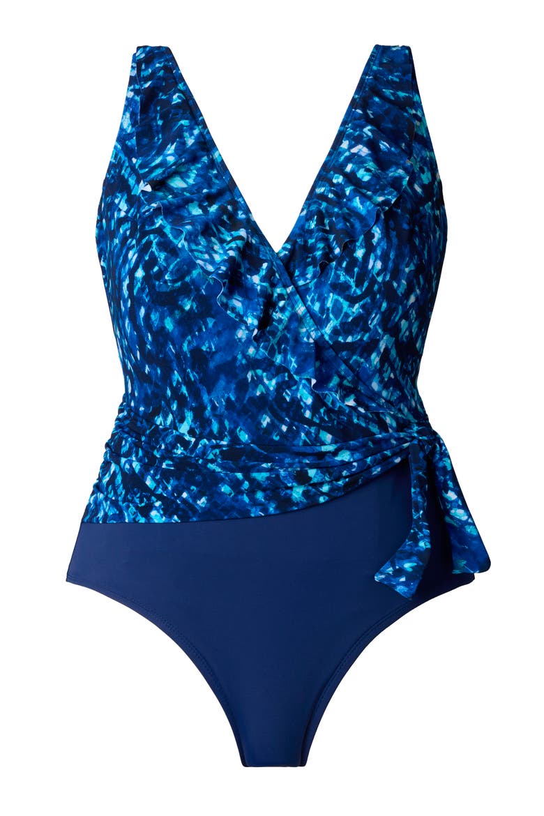 Ruffle Front Sash Surplice Long Torso One-Piece Swimsuit, Alternate, color, Sweet Siren