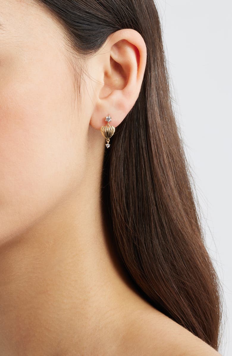Child of Wild Tides Cubic Zirconia Shell Heart Drop Earrings, Alternate, color, Gold