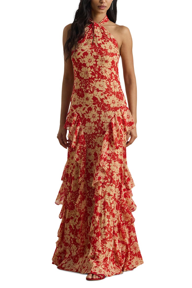 red floral evening dress Sherri Hill Floral Ruffle Trumpet Prom Dress with slit 57196