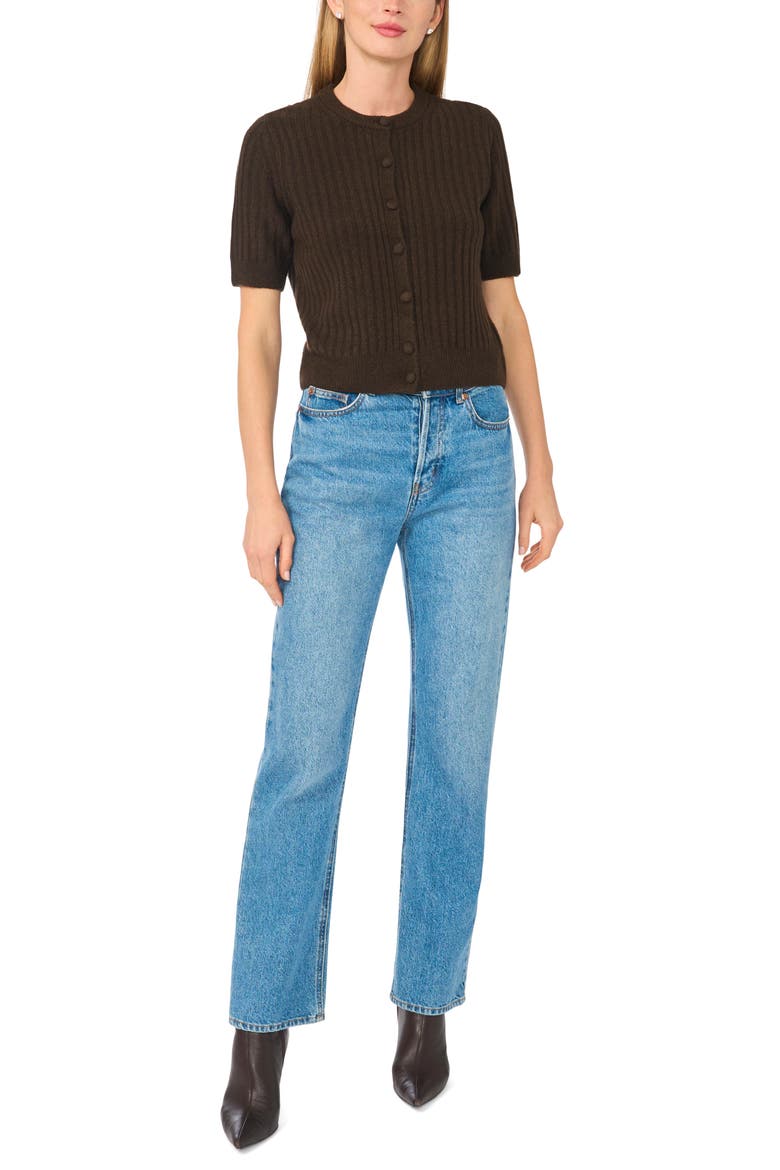 Short Sleeve Rib Cardigan, Alternate, color, CHOCOLATE