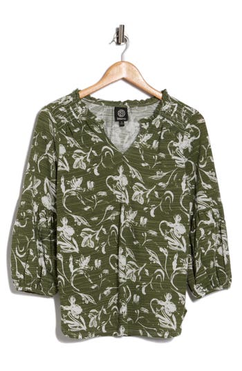 Bobeau Split Neck Balloon Sleeve Top In Green