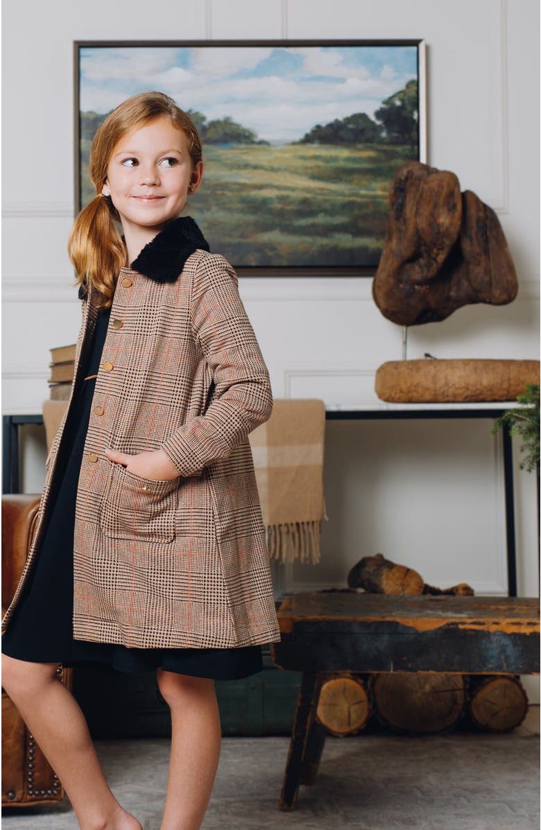 Hope & Henry Girls' Faux Fur Collar Fleece Coat, Kids, Alternate, color, Camel Glen Plaid