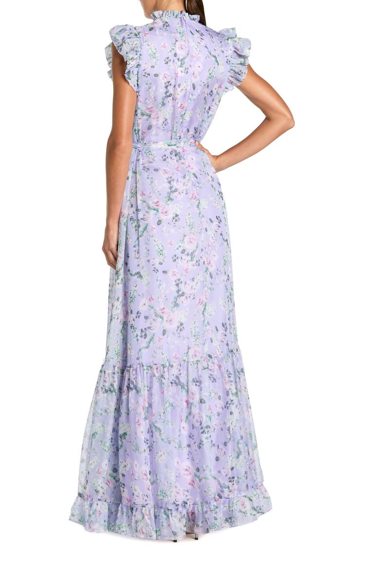 Belted Floral Chiffon Ruffle Sleeve Gown, Alternate, color, Orchid Multi