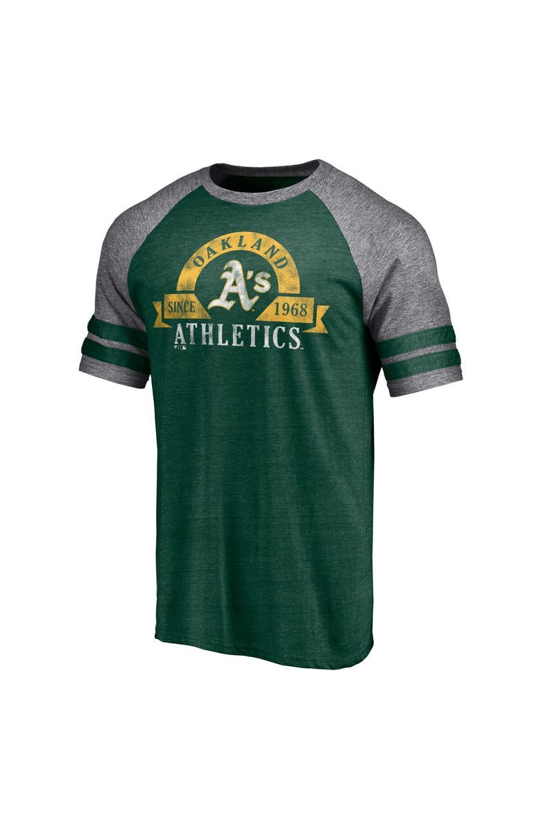 FANATICS Men's Fanatics Branded Heather Green Oakland Athletics Utility Two-Stripe Raglan Tri-Blend T-Shirt, Alternate, color,