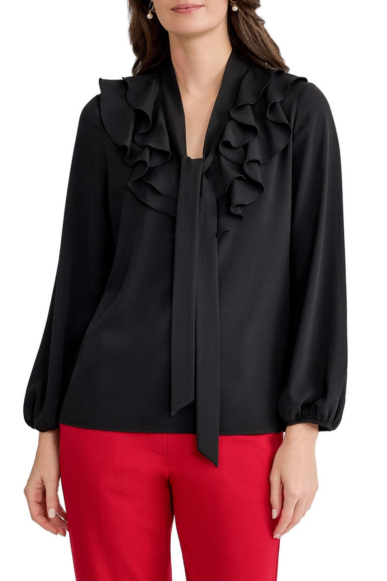 Ruffle Tie Neck Top, Main, color, BLACK