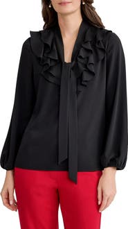 KASPER Ruffle Tie Neck Top
