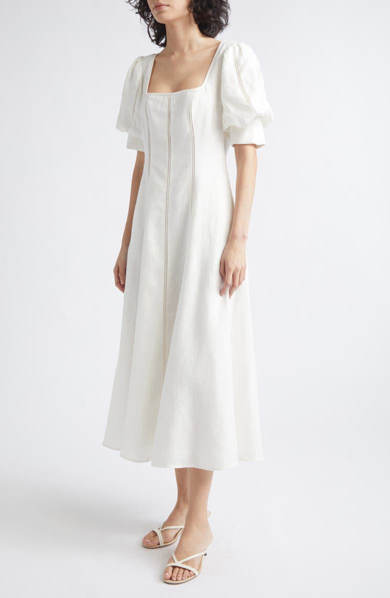 Reiss Riva Stitch Puff Sleeve Linen Midi Dress, Alternate, color, Ivory
