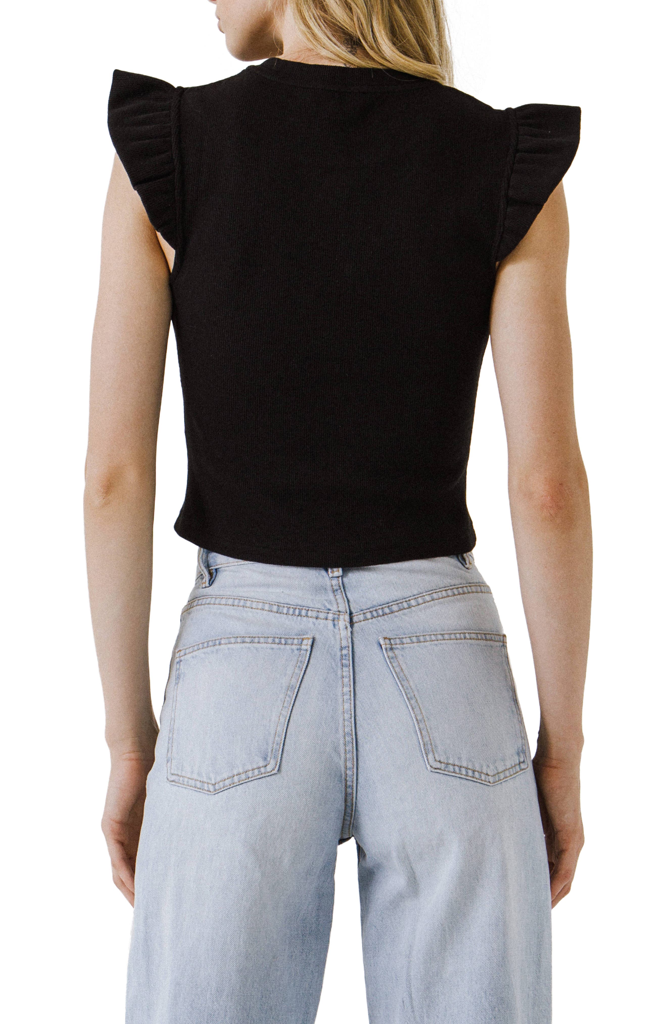 Ruffle Shoulder Cotton Blend Knit Top - image 2