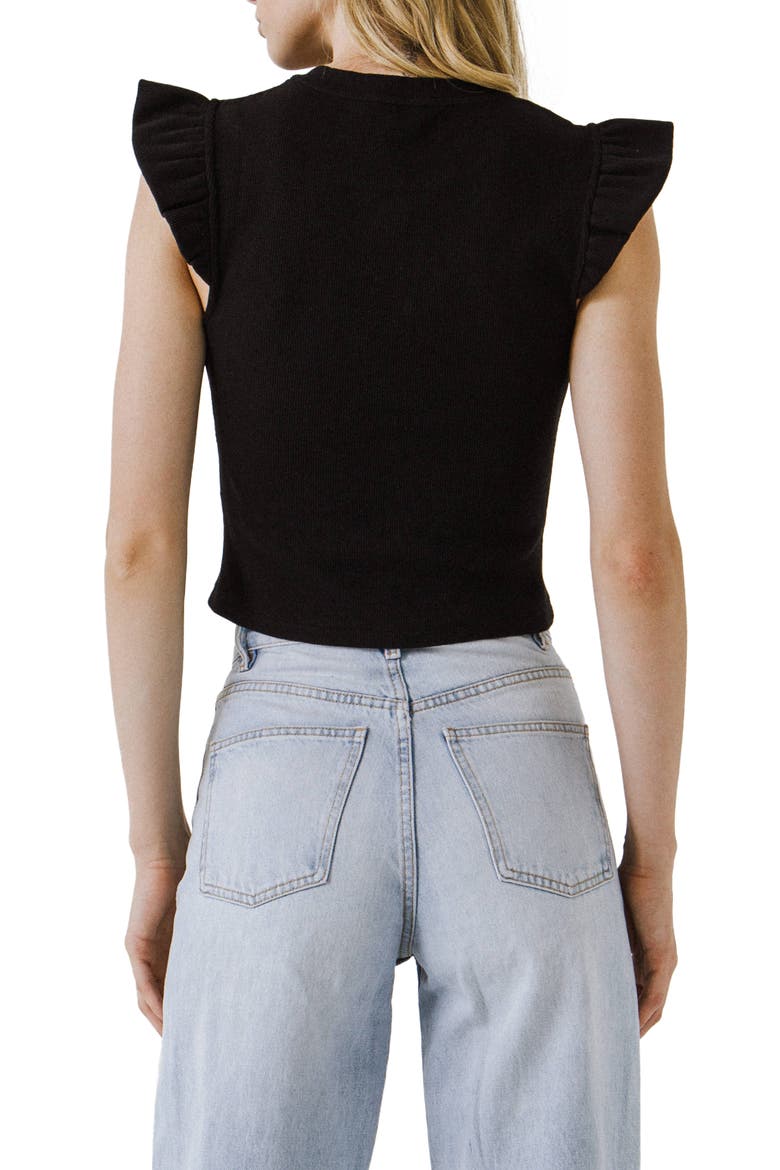 Ruffle Shoulder Cotton Blend Knit Top, Alternate, color, BLACK