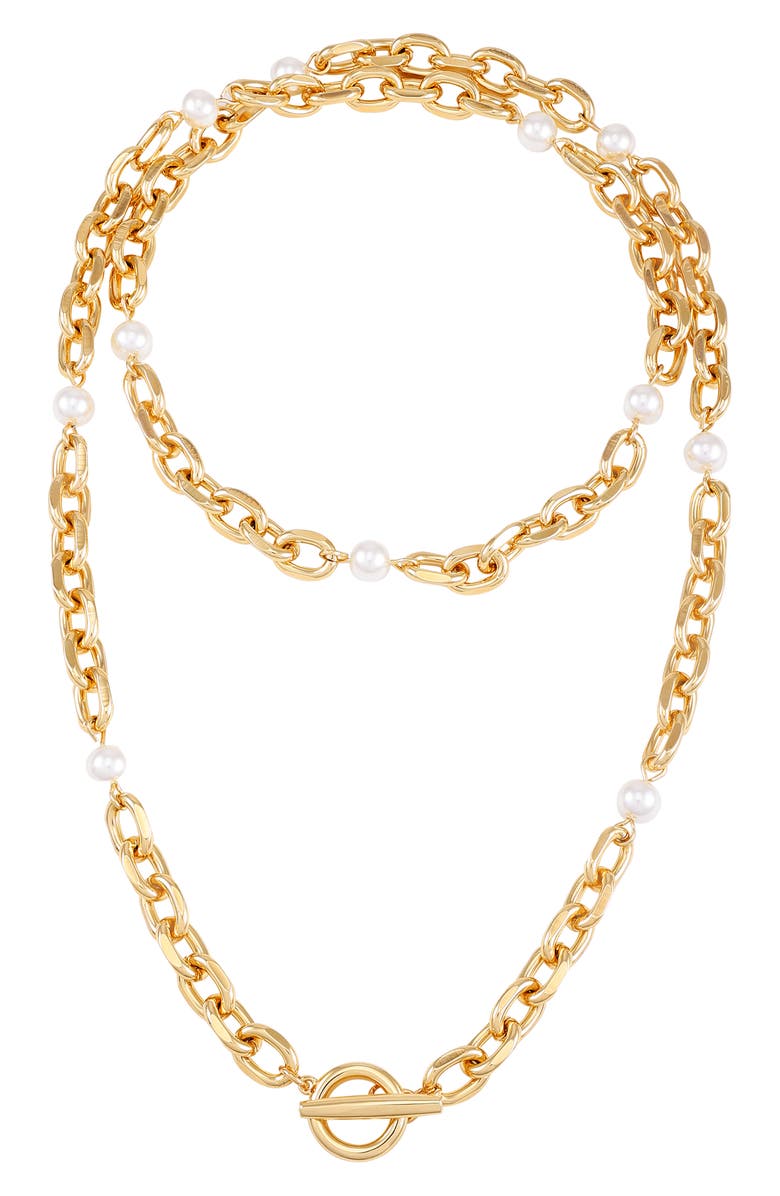 Vince Camuto Faux Pearl Station Toggle Necklace, Alternate, color, Gold Tone