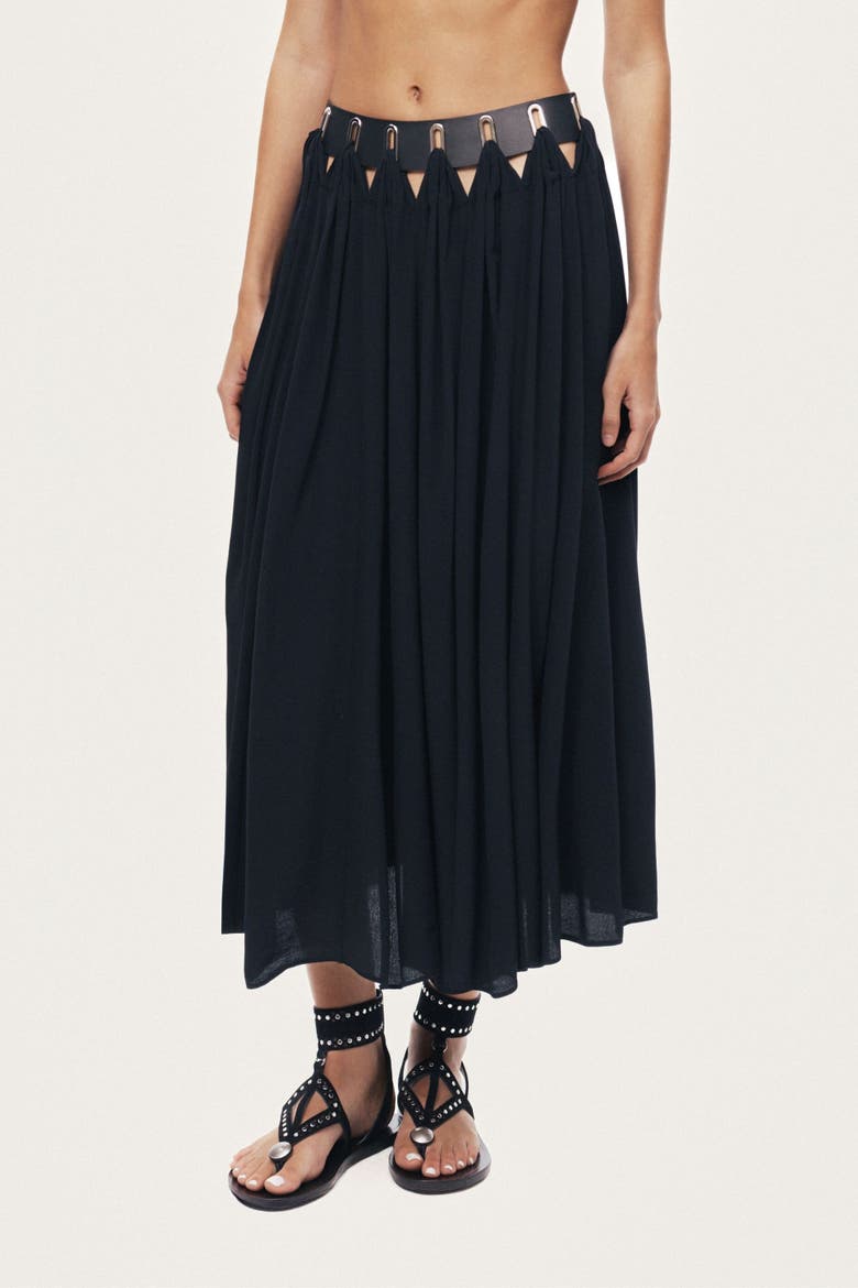 Pleated Ring-Detail Midi Skirt, Main, color, Black