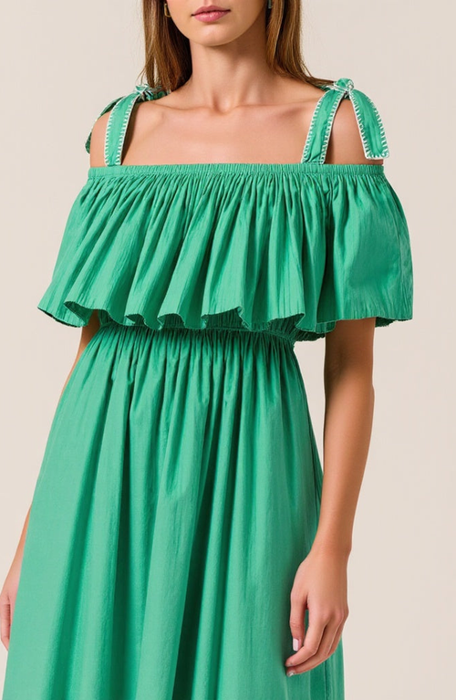 Modenaire Off-shoulder Ruffle Midi Dress In Green