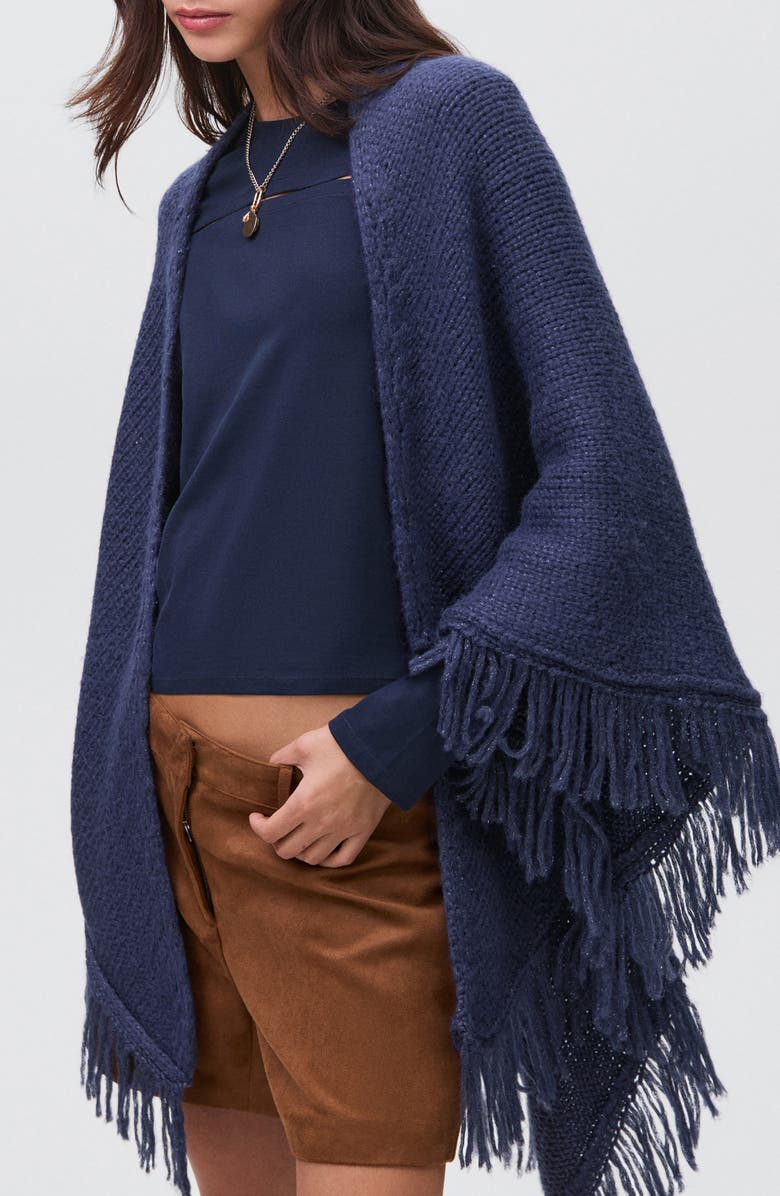 MANGO TEEN Fringe Knit Scarf, Main, color, Navy