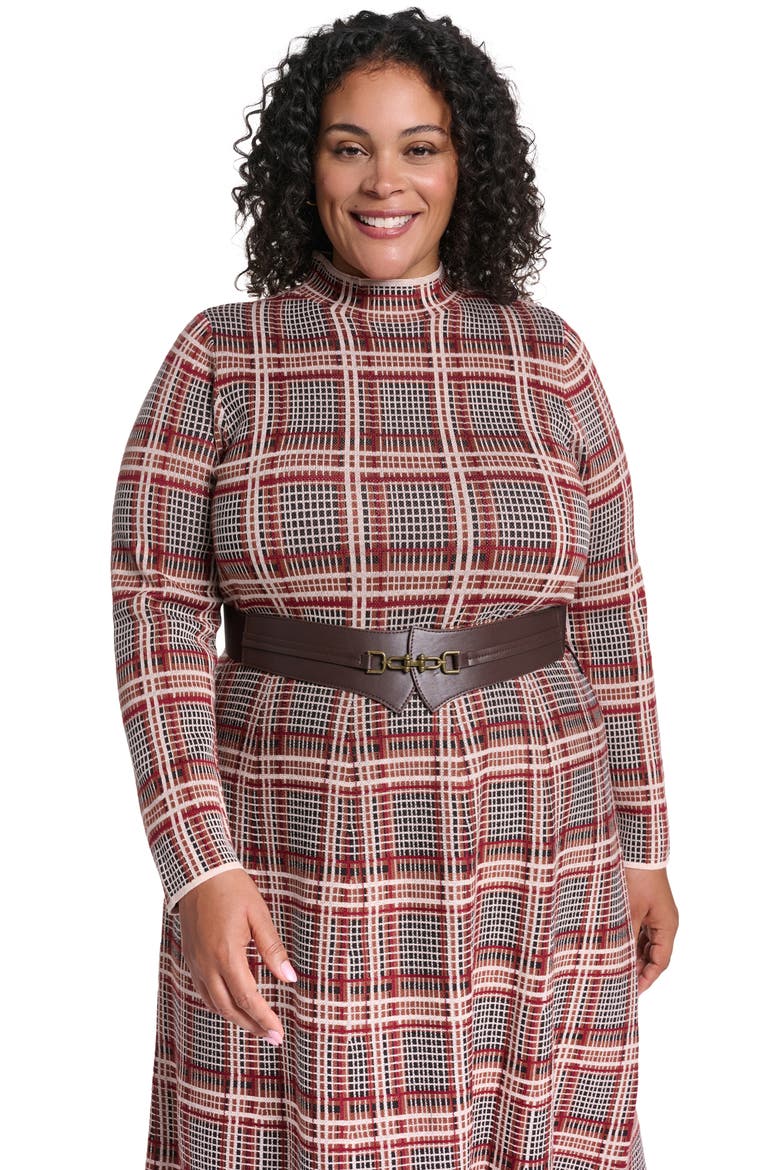Mock Neck Fit & Flare Midi Dress, Alternate, color, BLACK COGNAC