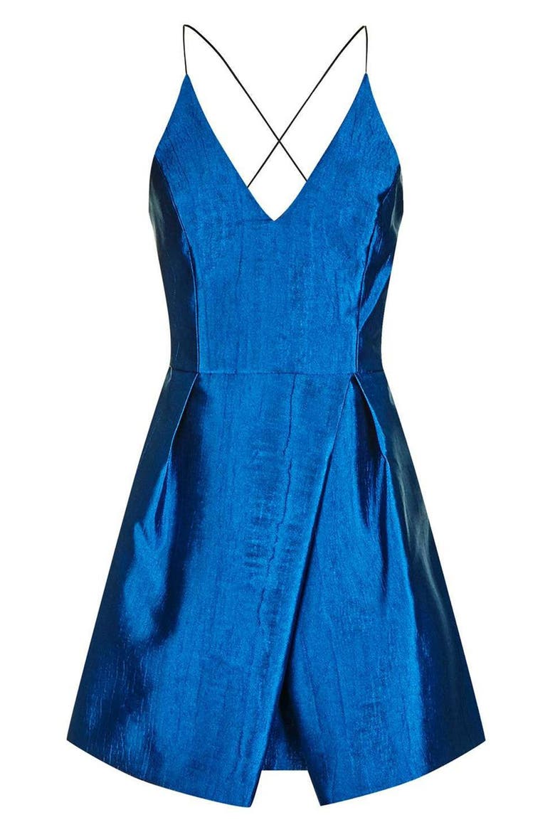 Crinkled Satin V-Neck Dress, Alternate, color, BRIGHT BLUE