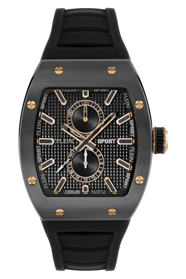 Stormbreaker Three Hand Quartz Silicone Strap Watch, 43mmx 52mm, Main, color, BLACK/ GUNMETAL/ BLACK