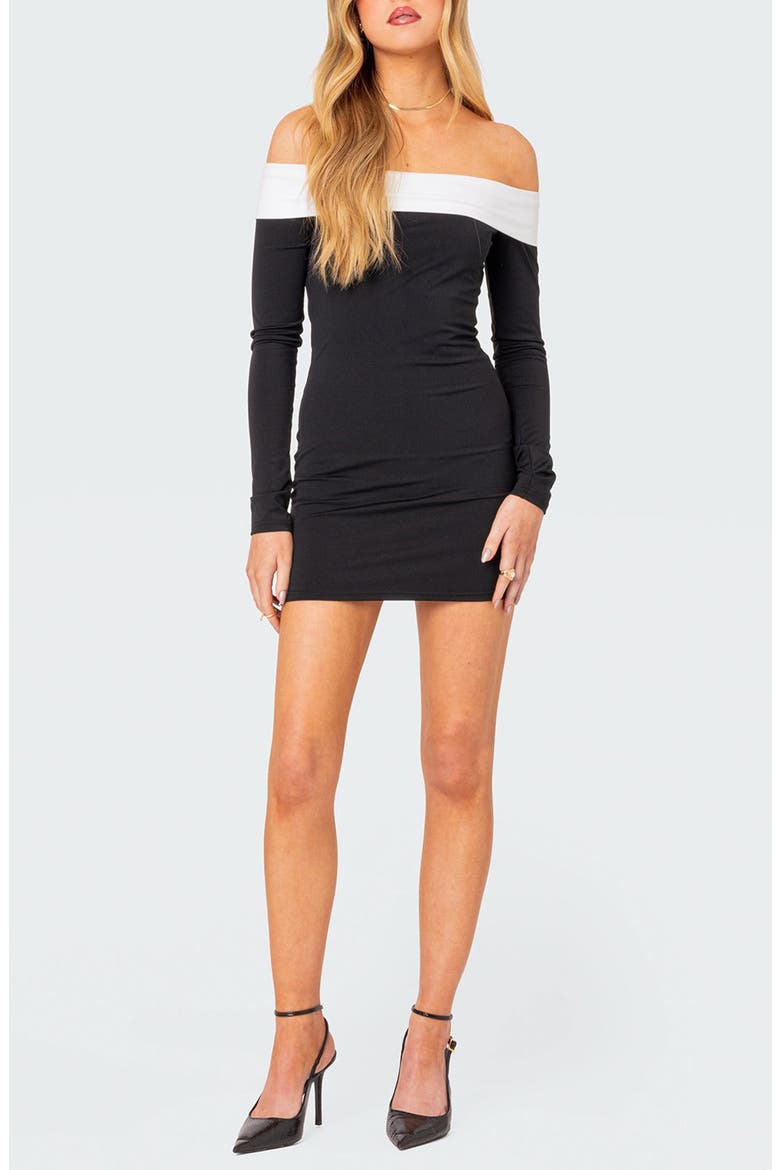 Yolanda Off the Shoulder Long Sleeve Minidress, Main, color, BLACK-AND-WHITE