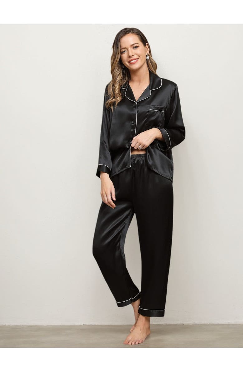 SILKSILKY Binding Trim Long Sleeve Pure Silk Pajamas Set, Main, color,
