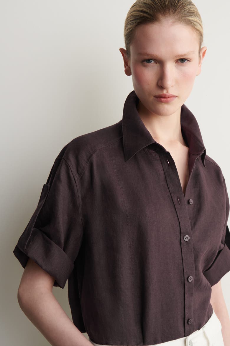Folded-Sleeve Linen Shirt, Alternate, color, BURGUNDY
