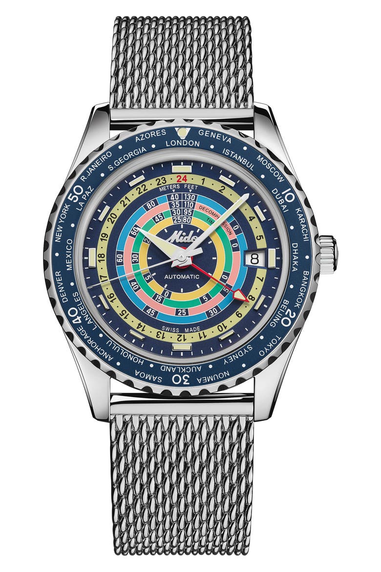 Ocean Star Decompression Worldtimer Bracelet Watch & Rubber Strap Gift Set, 40.5mm, Main, color, BLUE