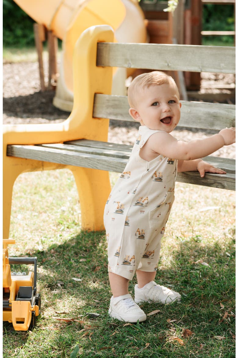 Digger Print Jersey Romper, Alternate, color, OFF WHITE