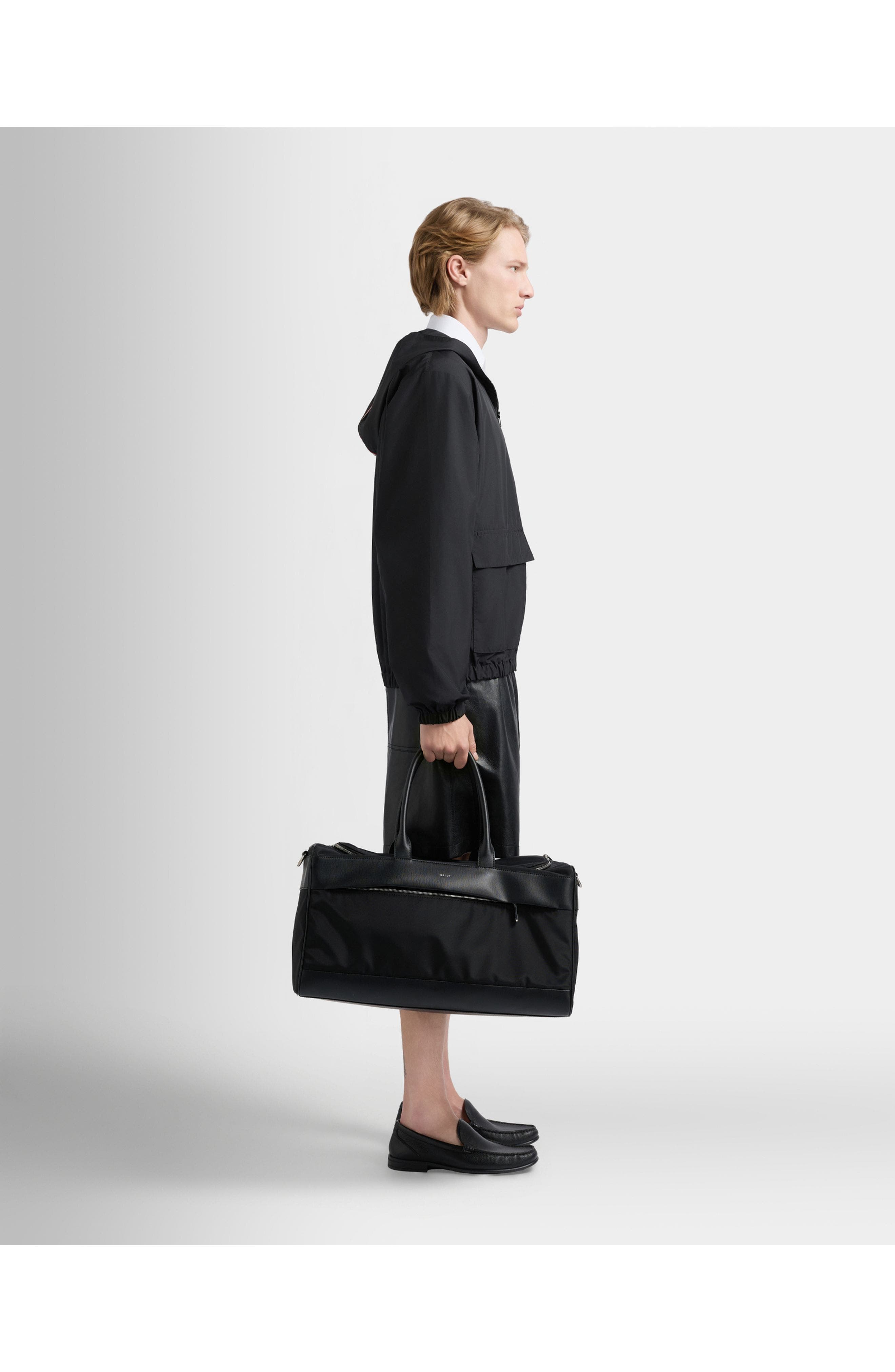 Bally Vogel Duffle Bag in Nylon and Recycled Leather, Alternate, color, Black