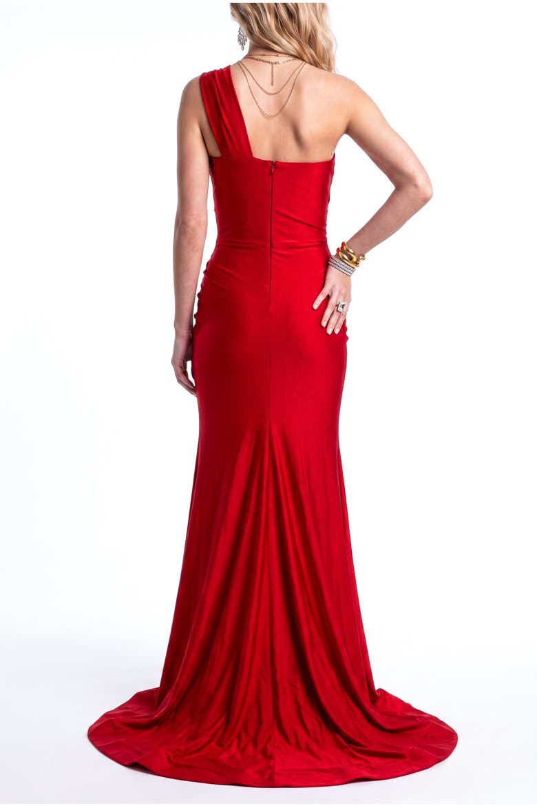One-Shoulder Ruched Side-Slit Mermaid Evening Gown, Alternate, color, Red