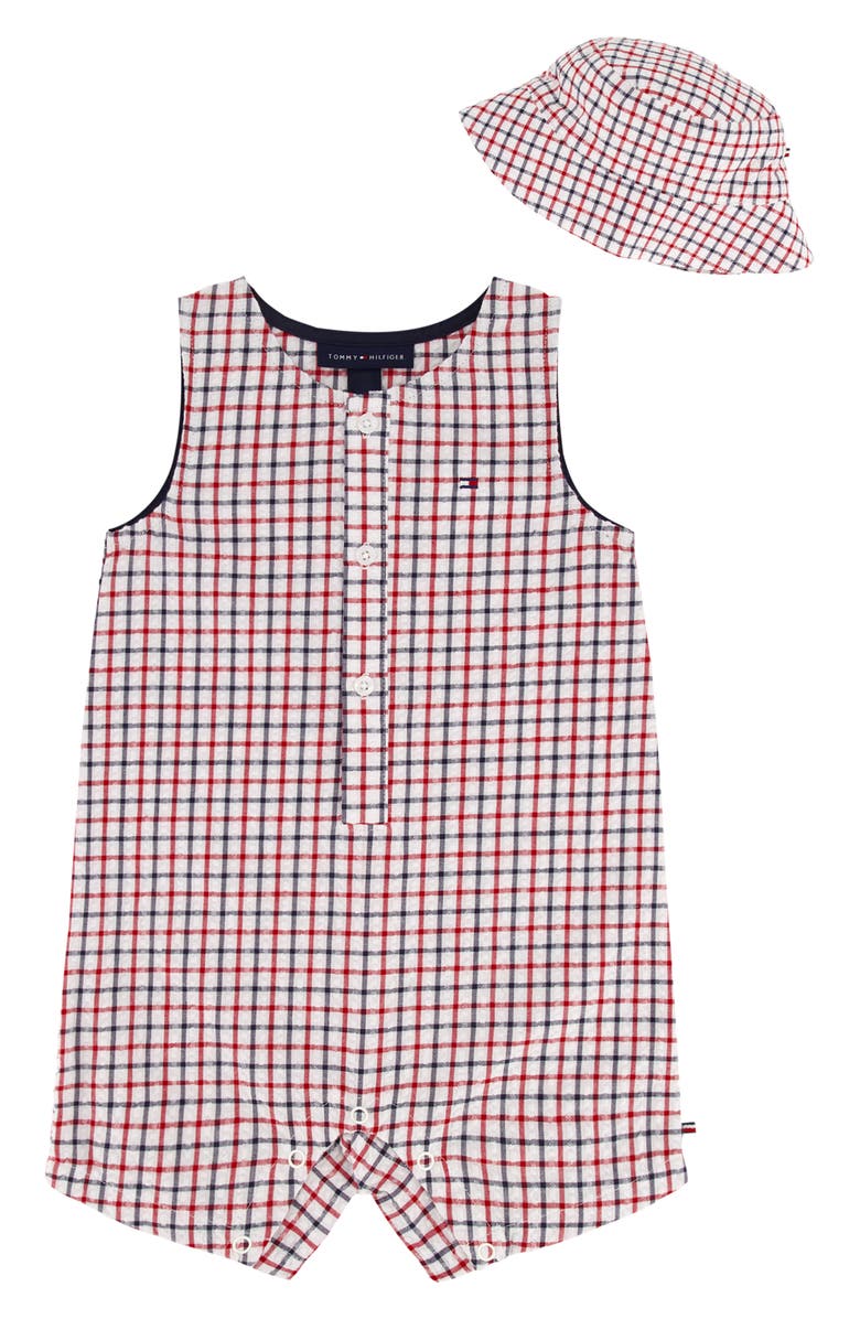 Tommy Hilfiger Printed Sunsuit & Hat Set, Main, color, Red