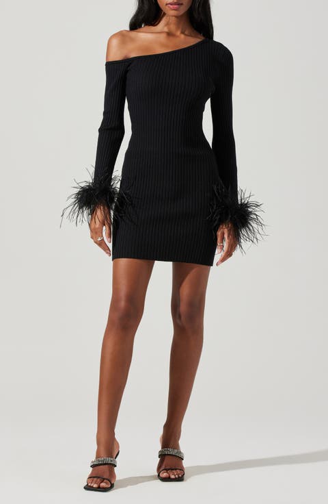 Liz Feather Trim Long Sleeve Rib Body-Con Minidress