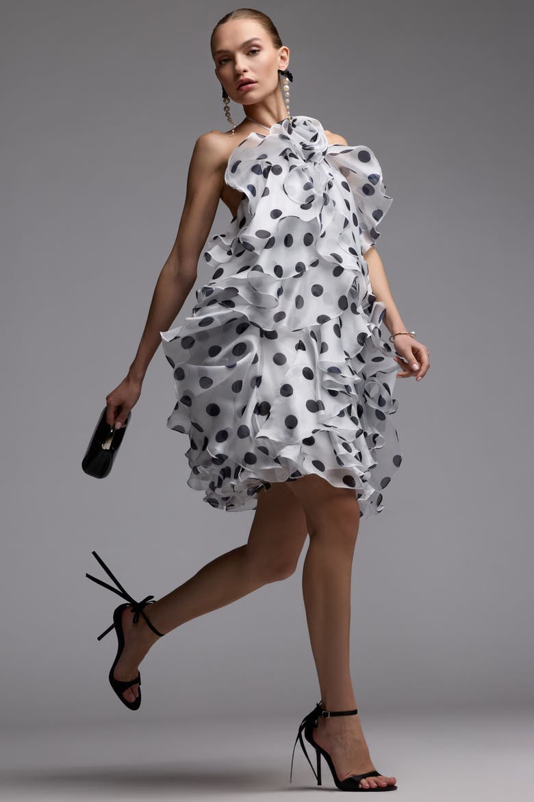 Polka Dot Halter Neck Ruffle Mini Dress with Tiered Skirt, Alternate, color, Black Ivory