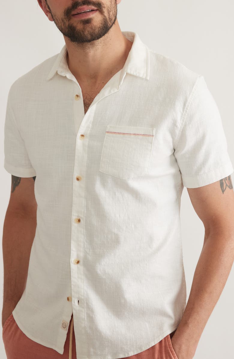 Marine Layer Classic Solid Short Sleeve Stretch Cotton Selvage Button-Up Shirt, Alternate, color, Natural