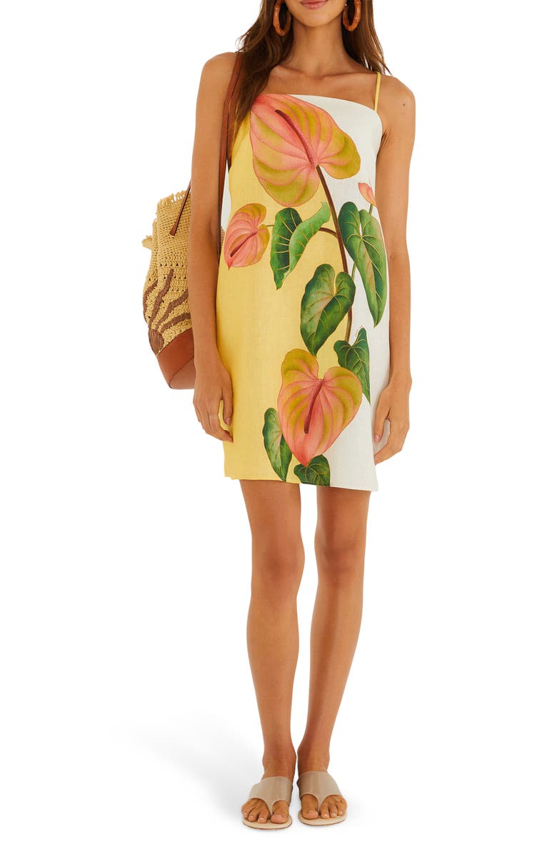FARM Rio Anthurium Golden Linen Shift Minidress, Main, color, Golden Yellow