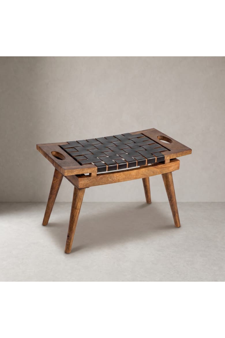 Mango Wood Stool with Woven Leather Top, Black and Natural, Alternate, color, Black