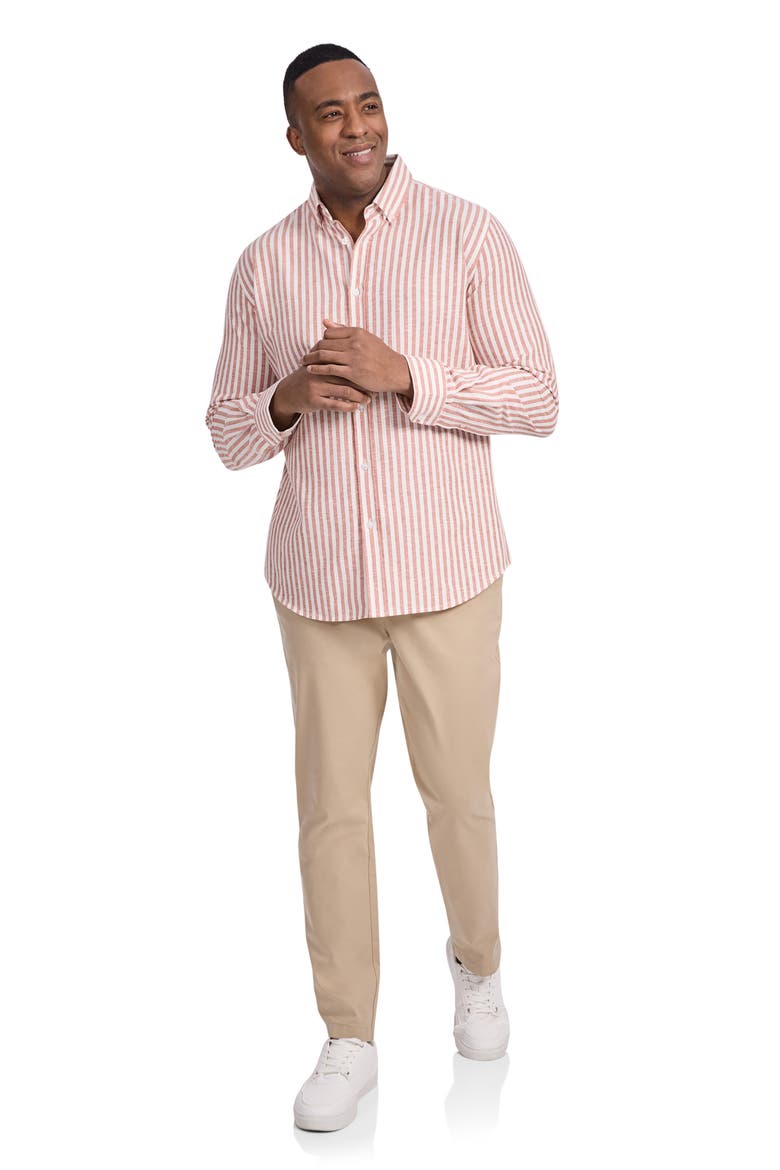 Holiday Stripe Cotton & Linen Button-Down Shirt, Alternate, color, CLAY