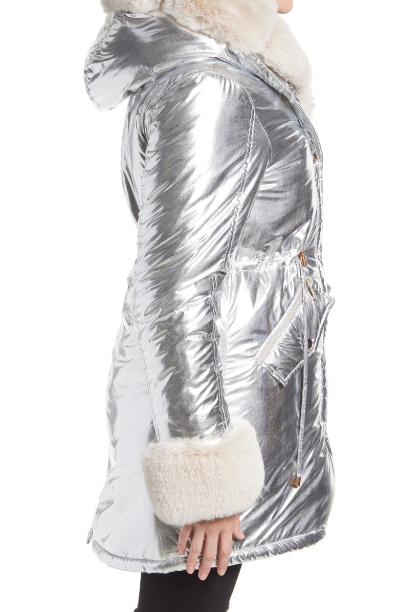 AZALEA WANG Metallic Puffer Jacket with Faux Fur Trim, Alternate, color,